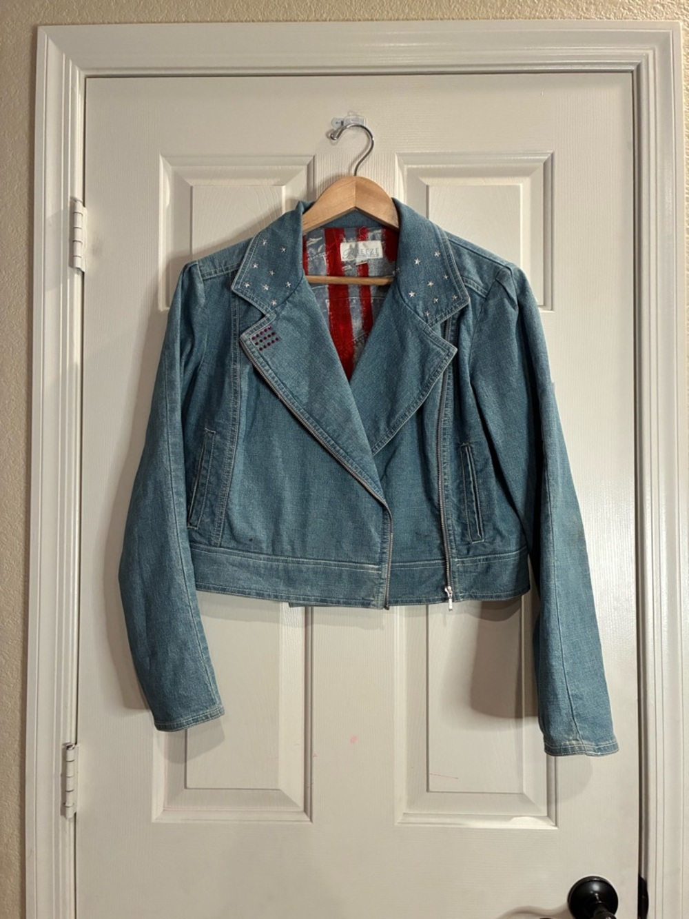 Light Wash Studded Denim Moto Jacket